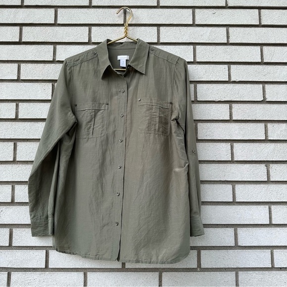 Chico’s Olive Army Green Cotton Silk Roll Tab Sleeve Button Up Shirt - Picture 1 of 10